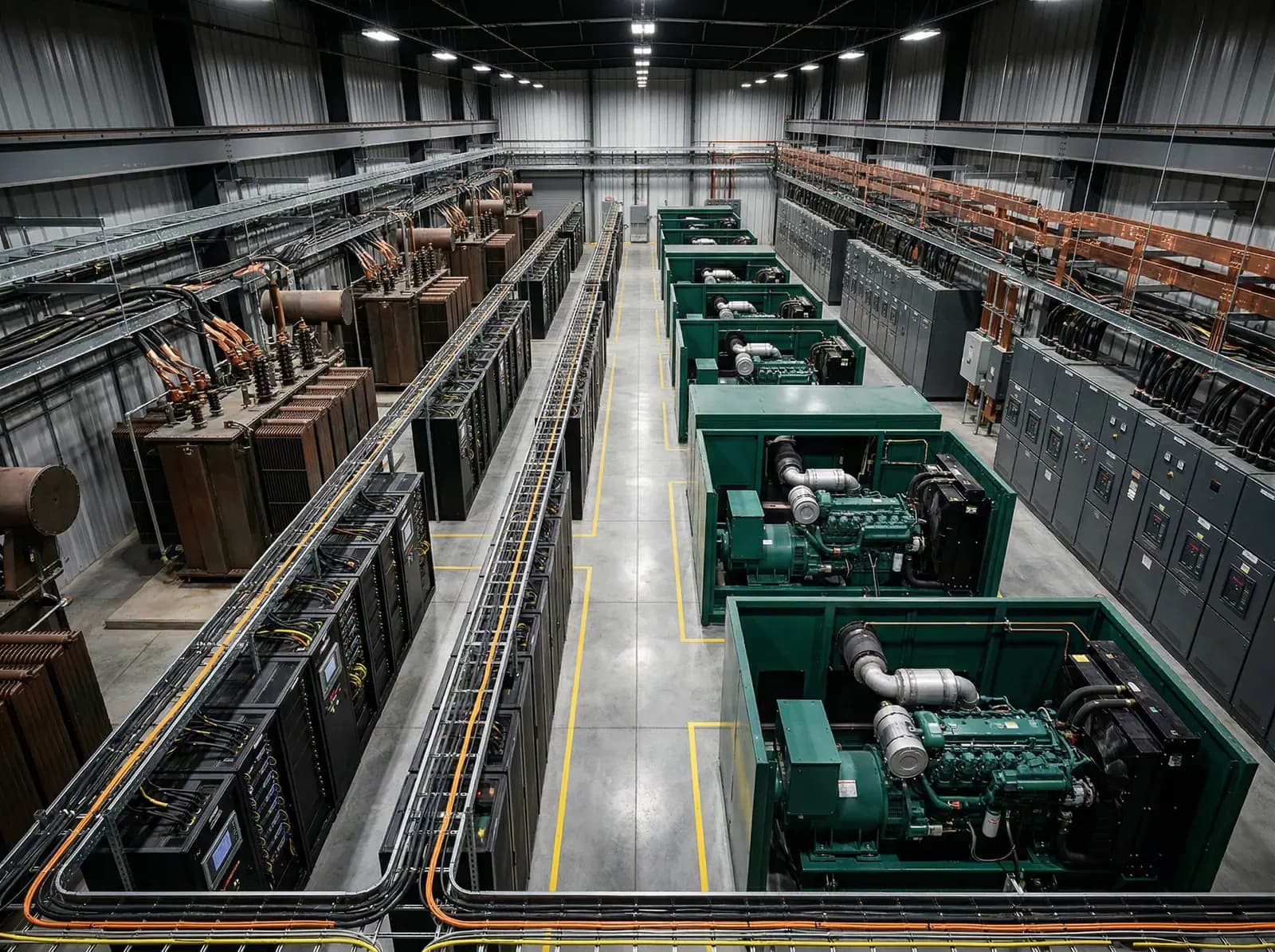 Electrical infrastructure hall with generators and switchgear.