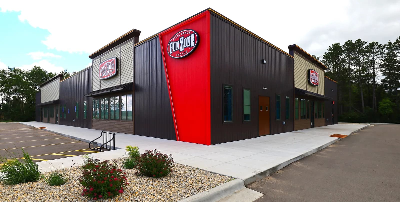 Pizza Ranch and Fun Zone Arcade building viewed from the front corner exterior in Park Rapids, Minnesota