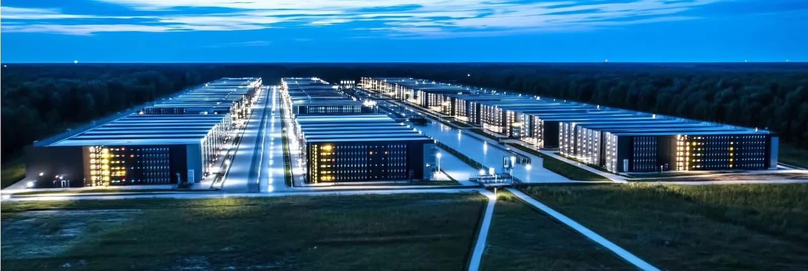 Aerial view of a data center campus at night
