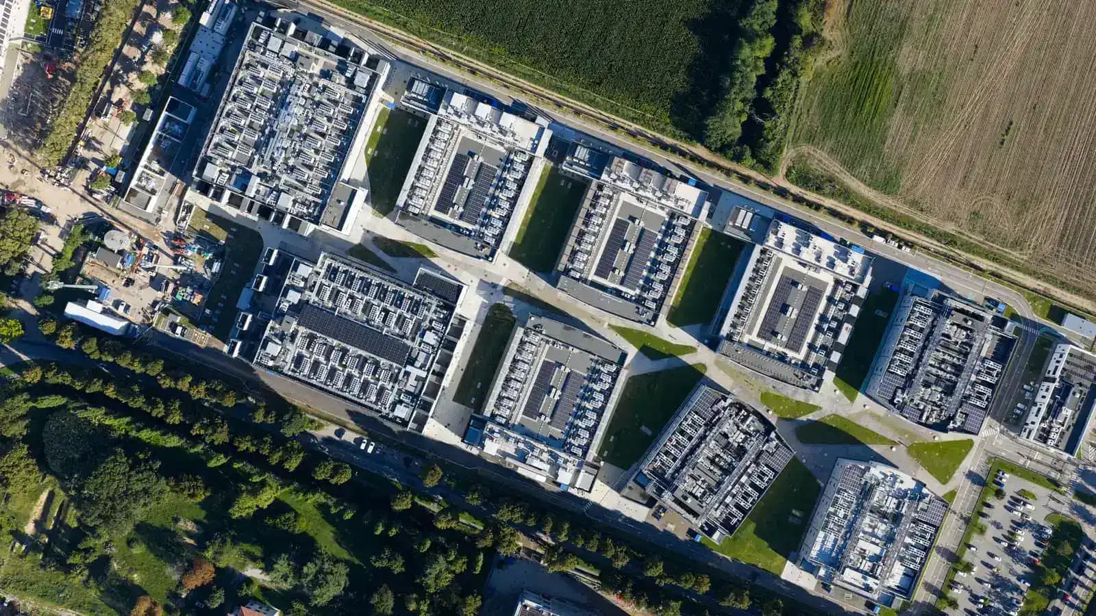 Aerial view of a large-scale data center campus