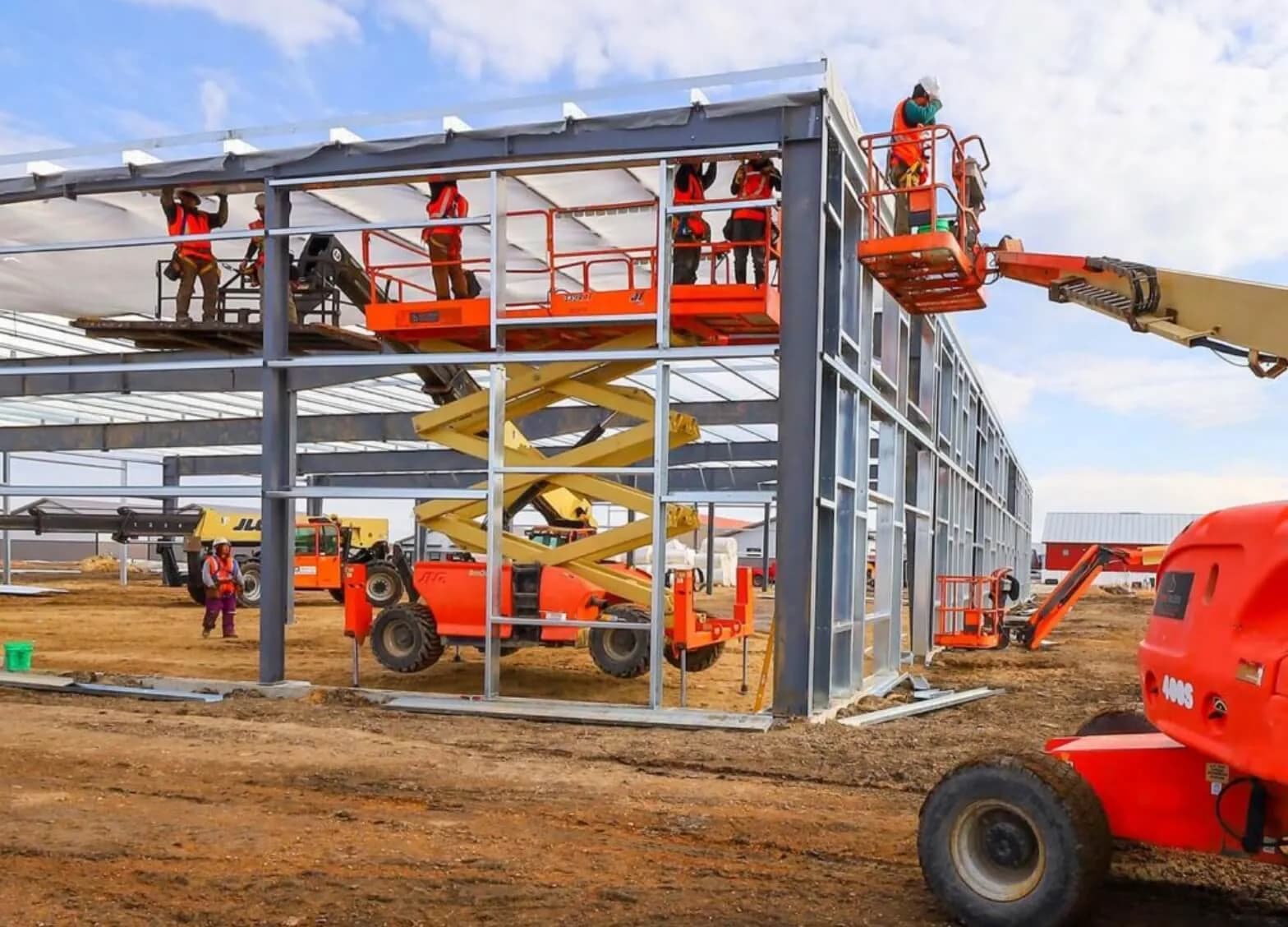Pre-engineered steel frame erection on a commercial site