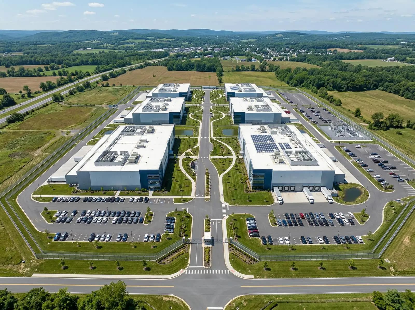 Aerial view of a hyperscale data center campus.