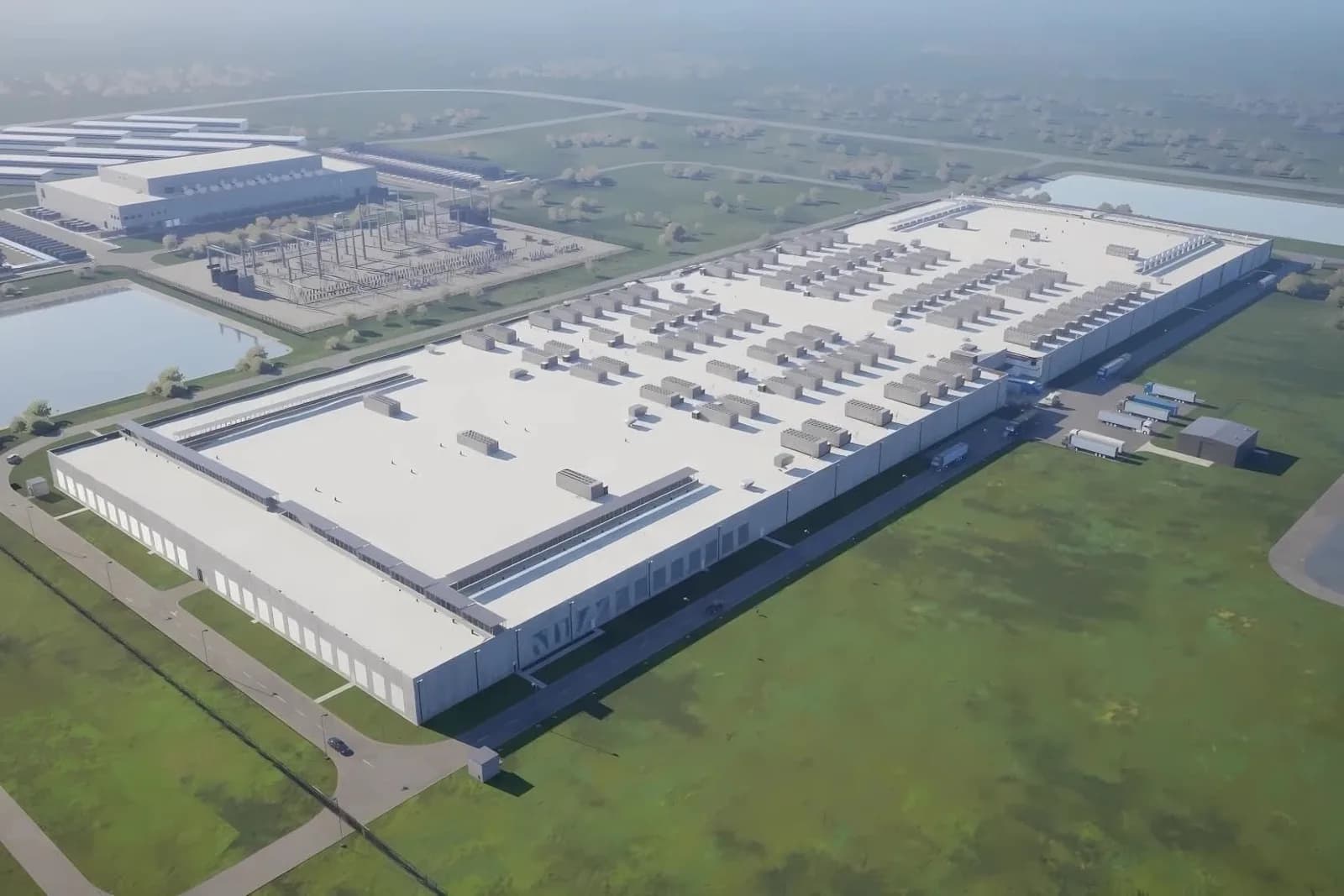 Aerial view of a campus-scale data center construction site.