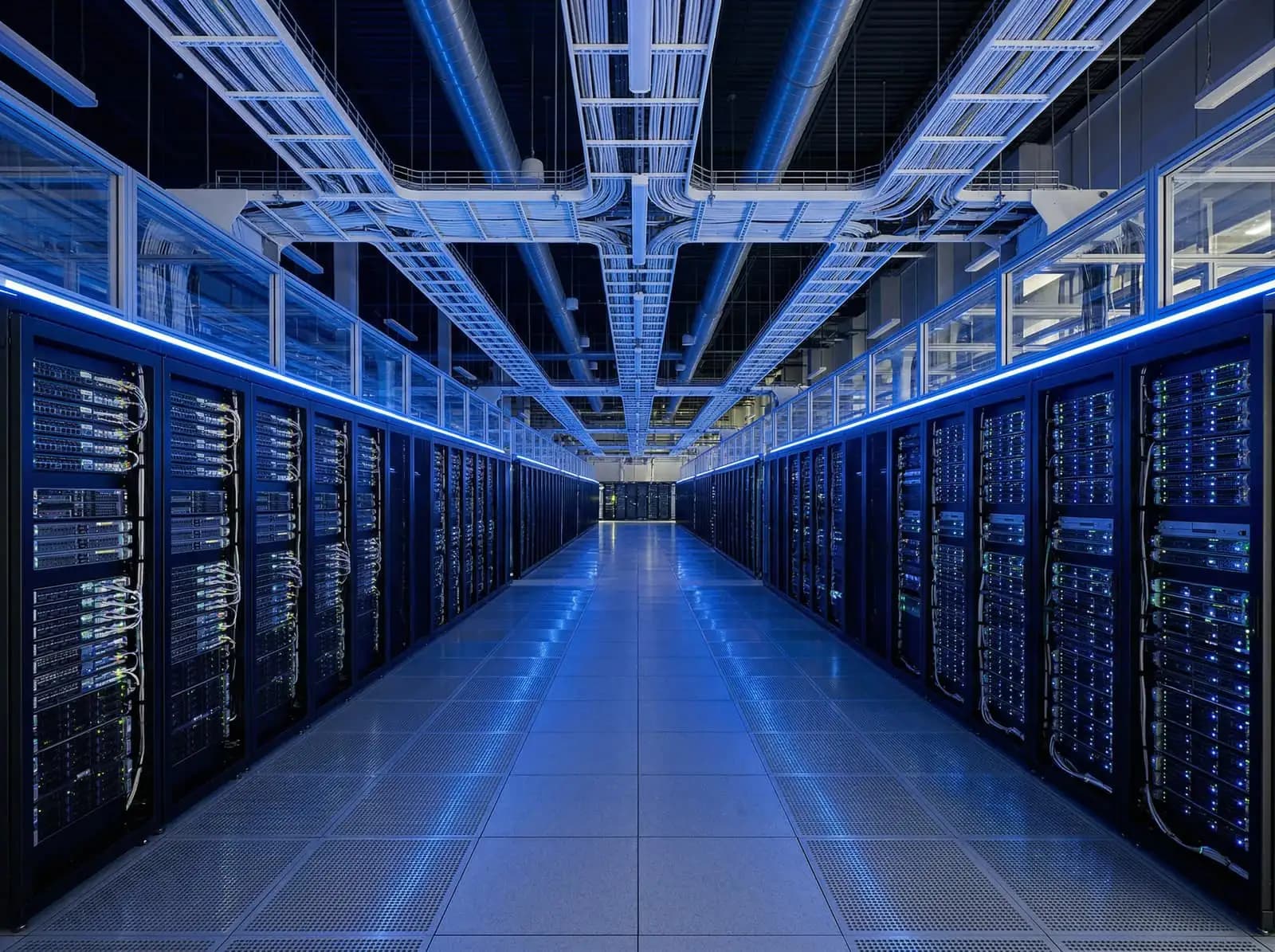 High-density server hall with rows of racks.